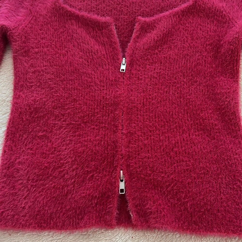 Sincerly Jules Fuzzy Raspberry Zip-Front Cardigan - Picture 6 of 8